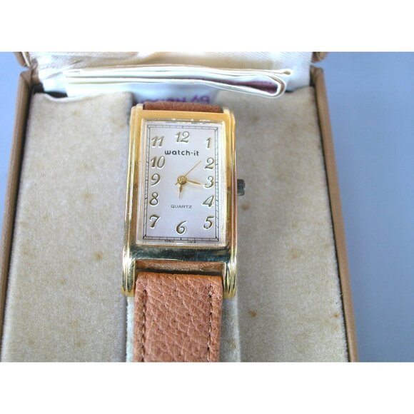 Watch-It Quartz Gold-Tone Rectangular Watch With Brown Leather Strap - Picture 1 of 1